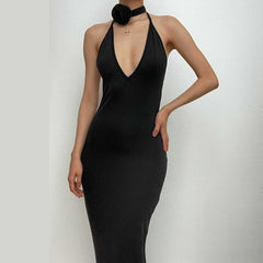 Solid V Neck Halter Backless Flower Applique Self Tie Maxi Dress