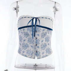 Backless Lace Hem Button Flower Print Stitch Tube Top