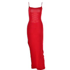 Lace Up Square Neck Slit Solid Backless Cami Maxi Dress
