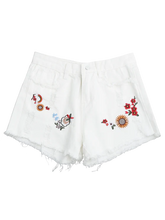 Trendy Embroidered Frayed Hem Ripped Denim Short