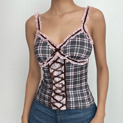 Striped Lace Hem V Neck Lace Up Contrast Cami Top