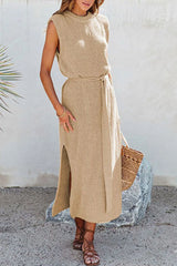 Tie-Waist Slit Knit Tank Dress