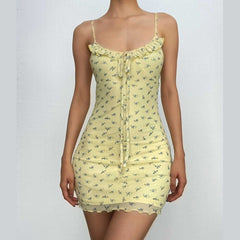 Ruched Mesh Ruffle Self Tie Flower Print Cami Mini Dress