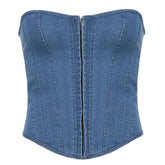Denim Lace Up Back Heart Neck Tube Top