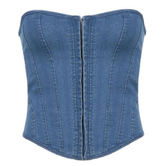 Denim Lace Up Back Heart Neck Tube Top