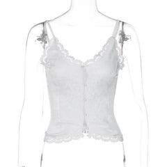 Lace Solid Button V Neck Backless Cami Crop Top