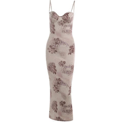 Flower Print Contrast Sweetheart Neck Backless Cami Midi Dress