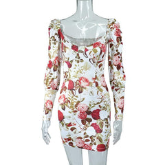 Square Neck Long Sleeve Contrast Flowers Print Mini Dress