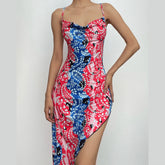 Irregular V Neck Backless Contrast Print Cowl Neck Cami Midi Dress