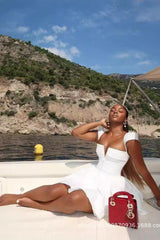 V-Neck White Pleated Short Dress