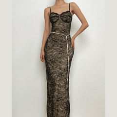 Lace Contrast Zip-Up Backless Slit Cami Maxi Dress