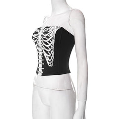 Backless Zip-Up Skull Pattern Contrast Tube Top