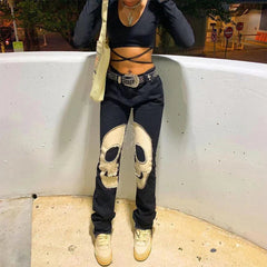 Womens Fashion Skull Patterned Low Rise Jeans Streetwear Women Clothing Black Denim Trousers Cyber Y2K Aesthetic Goth Pants C82-Di53