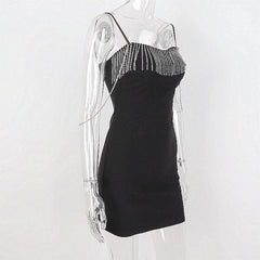 Metal Chain Zip-Up Solid Sweetheart Neck Tassels Cami Dress