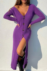 V Neck Single-Breasted Solid Color Knitted Dress