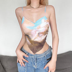 Mesh Abstract Contrast V Neck Ruched Lace Up Cami Crop Top