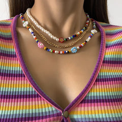 Multicolor Clay Beaded 3 Pcs Flower Necklace