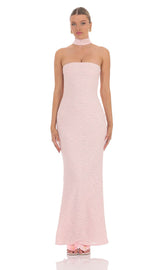 Scarf Mesh Knit Maxi Dress in Pink
