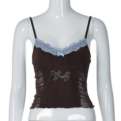 Ruffle Beaded Lace Hem V Neck Mesh Contrast Cami Top