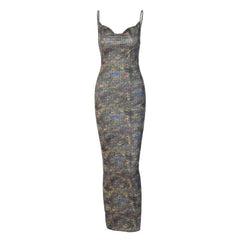Leopard Print Contrast Cowl Neck Backless Cami Maxi Dress