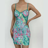Sleeveless Sweetheart Neck Low Cut Contrast Print Backless Cami Dress