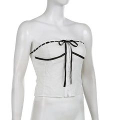 Textured Contrast Stitch Self Tie Button Backless Tube Top