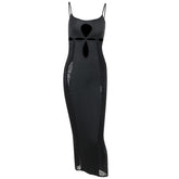 Mesh Solid Hollow Out Backless Cami Midi Dress - Final Sale