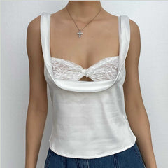 Lace Solid Backless Sleeveless Bowknot Cami 2 Piece Top