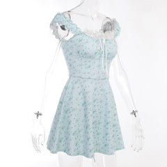 Cap Sleeve Lace Hem Ruched Flower Print Contrast Mini Dress