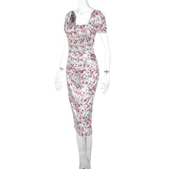 Satin Flower Pattern Print Zip-Up Ruched Square Neck Short Sleeve Midi Dress