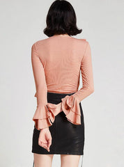 Pink/Black Asymmetric Ruffle Women Shirts