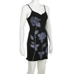 Rose Pattern Contrast V Neck Backless Cami Mini Dress