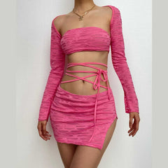 Long Sleeve Solid Self Tie Shrug Textured 2 Piece Tube Top Skirt Set