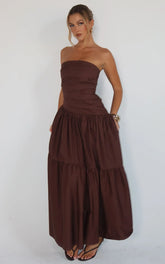 Cora Midi Dress - Strapless Dress in Chocolate