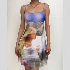 Mesh Contrast Abstract Print Backless Cami Dress