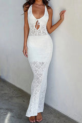 White Tie-Back Crochet Hollow Out Tank Dress