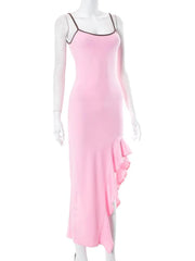 Irregular Ruffle Backless Solid U Neck Cami Maxi Dress