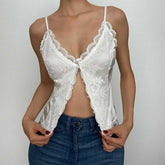 Lace Solid Button V Neck Backless Cami Crop Top