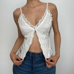 Lace Solid Button V Neck Backless Cami Crop Top