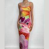 Flower Print Contrast U Neck Backless Slit Cami Maxi Dress