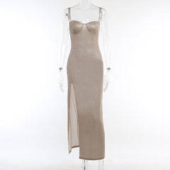 Slit Backless Textured Square Neck Cami Maxi Dress