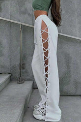 Side Slit Tie-Up Cutout Wide-Leg Long Pants