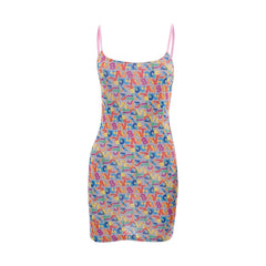 Mesh Letter Print Contrast Square Neck Backless Cami Mini Dress