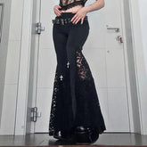Goth Mall Flare Pants Sexy Black Lace Patchwork High Waist Vintage Harajuku Hippie Punk Grunge Streetwear Y2K Pants