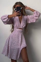 Long-Sleeved V-Neck Pink Dress