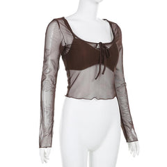 Mesh Long Sleeve Self Tie Ruffle Square Neck Cami 2 Piece Crop Top