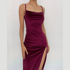 Sleeveless Velvet Slit Cowl Neck Backless Cami Midi Dress