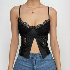 Corset U Neck Button Solid Lace Cami Crop Top