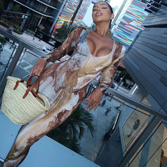 Printed Sexy V-Neck Slim Long Dress