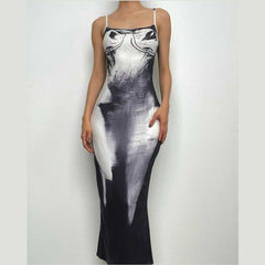 Square Neck Contrast Print Backless Slit Cami Maxi Dress